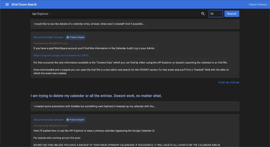 GCal Forum Search screenshot