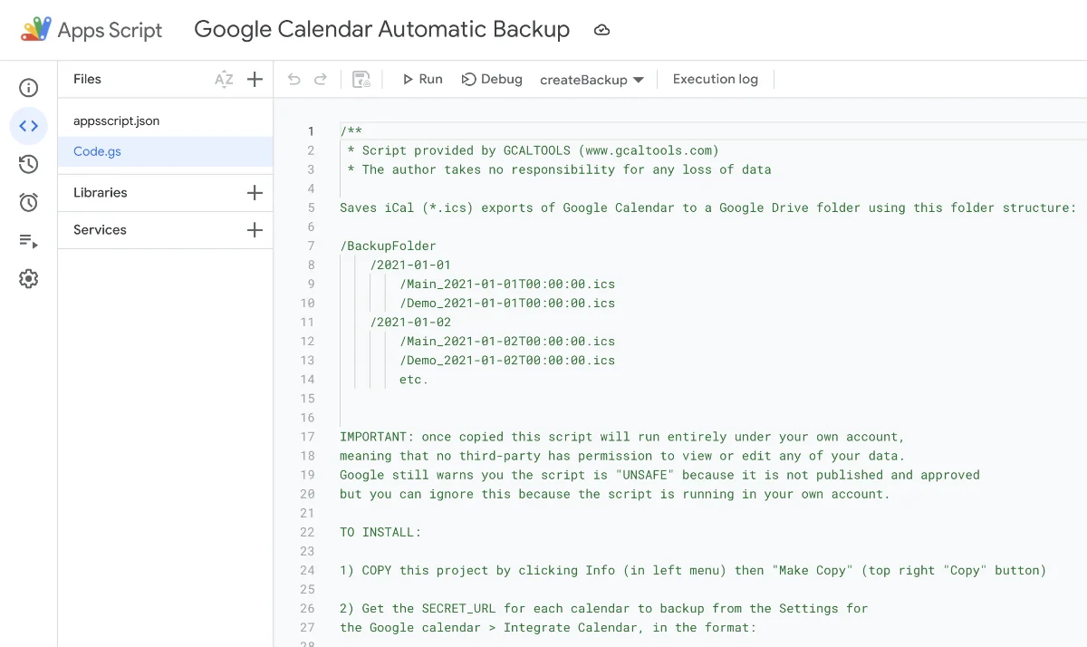 GCal Backup screenshot