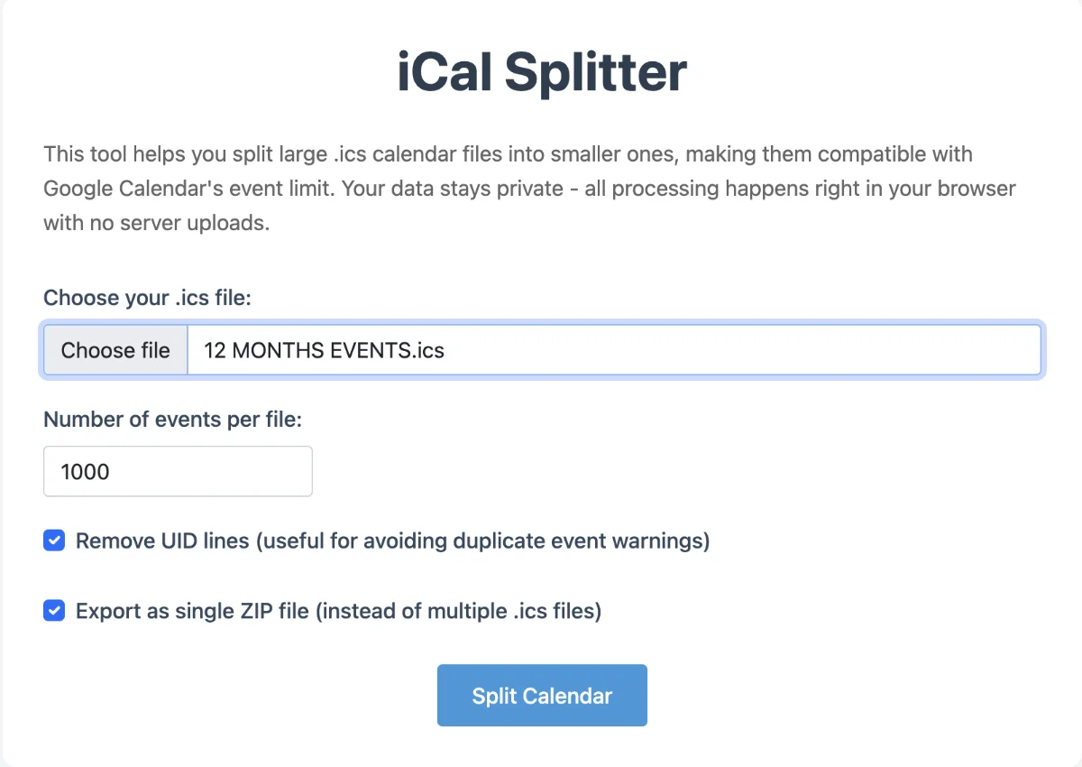iCal Splitter screenshot