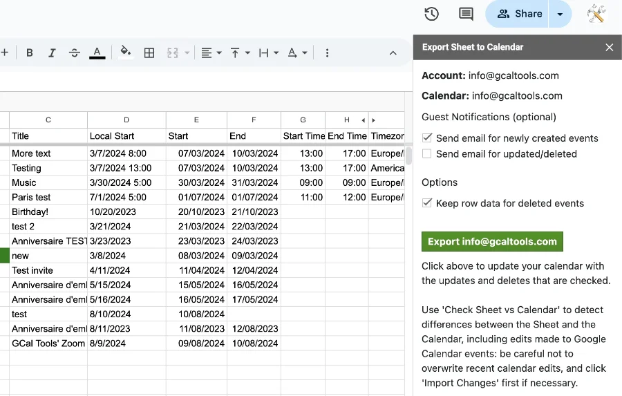 Sheets2GCal screenshot